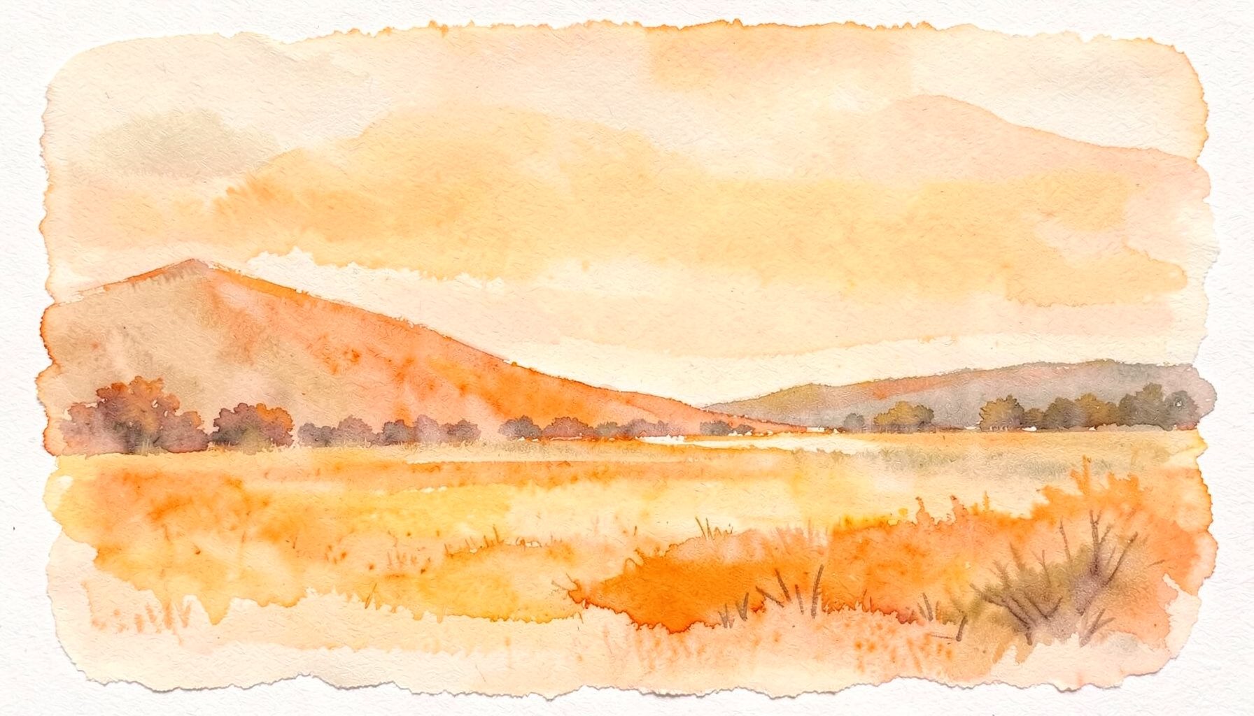 Et mykt vannfargemalt landskap i varme oransje og beige nyanser, med en rolig, luftig stemning